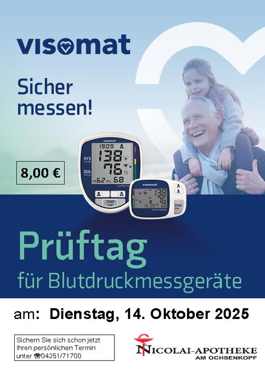 Das Bild ist eine Anzeige für einen "Prüftag" für Blutdruckmessgeräte am 14. Oktober 2025 in der Nicolai-Apotheke am Ochsenkopf. Es zeigt ein glückliches Großvater-Enkelkind-Paar vor dem Hintergrund von zwei Blutdruckmessgeräten.