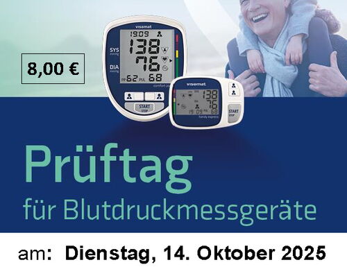 Das Bild ist eine Anzeige für einen "Prüftag" für Blutdruckmessgeräte am 14. Oktober 2025 in der Nicolai-Apotheke am Ochsenkopf. Es zeigt ein glückliches Großvater-Enkelkind-Paar vor dem Hintergrund von zwei Blutdruckmessgeräten.
